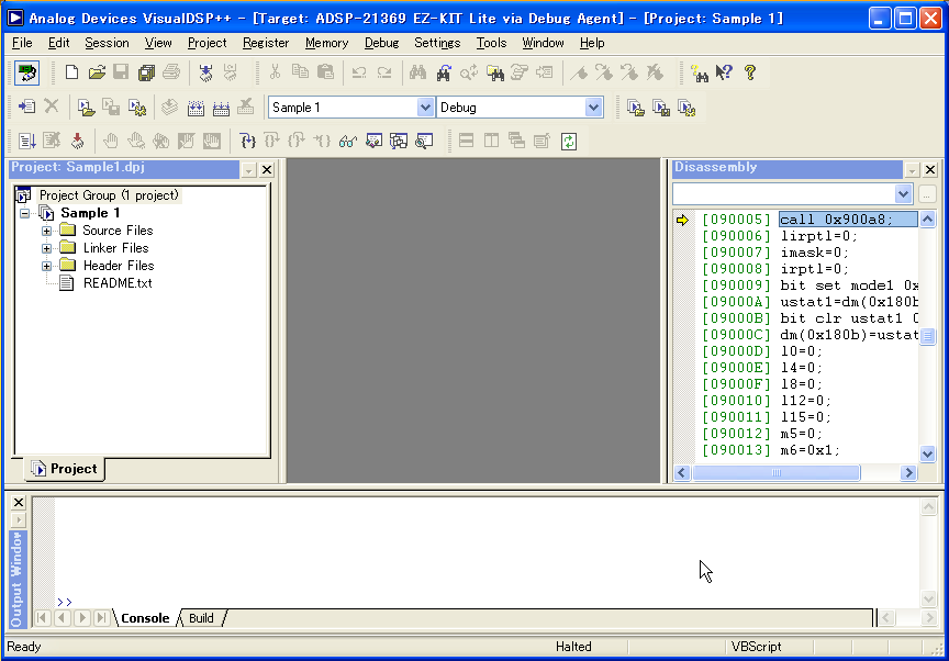 VisualDSP++ Window after connect